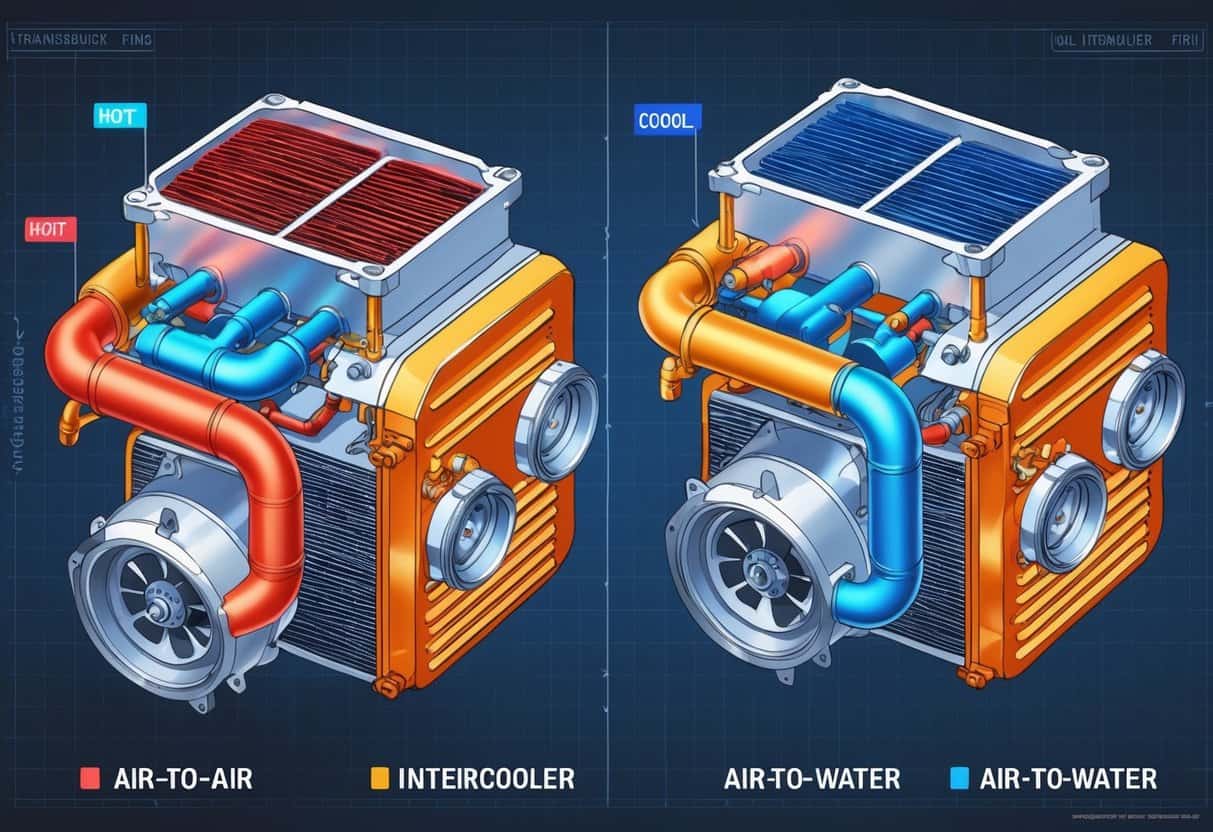 Side-by-side illustration showing two types of intercoolers: air-to-air on the left with airflow passing through fins, and air-to-water on the right with coolant circulating around a water jacket, both connected to turbochargers.