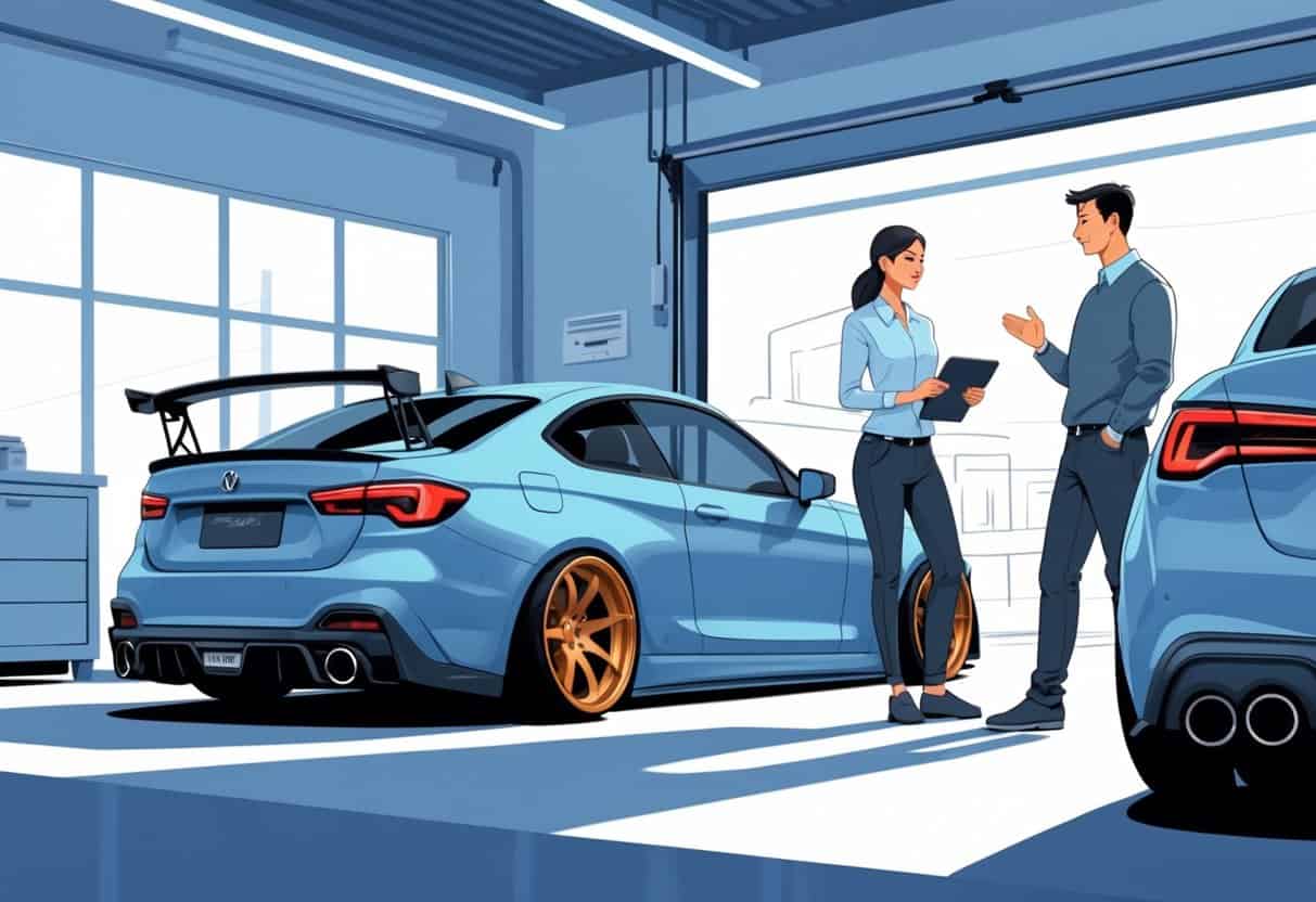 A person selling a modified car to a potential buyer at a dealership, with both discussing the vehicle.