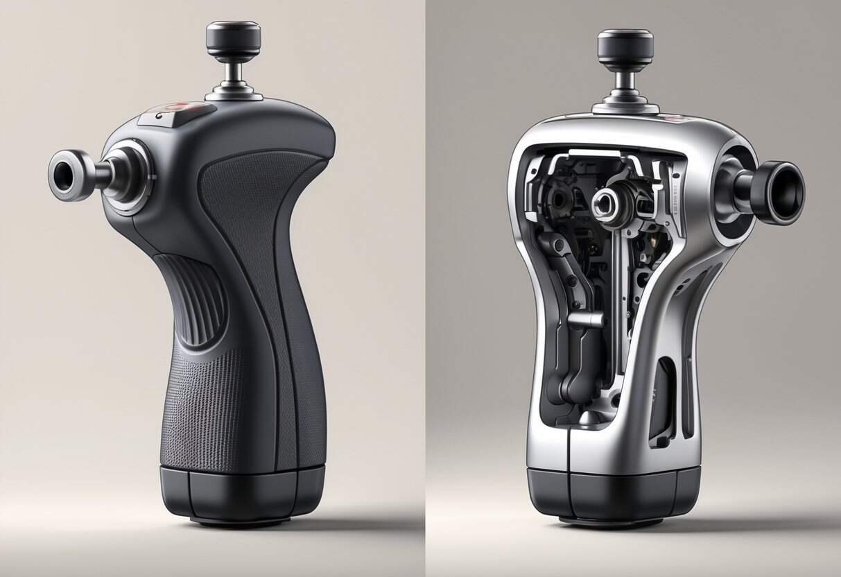 Side-by-side detailed views of two short throw shifters, one showing ergonomic grip and the other showing internal mechanical parts.