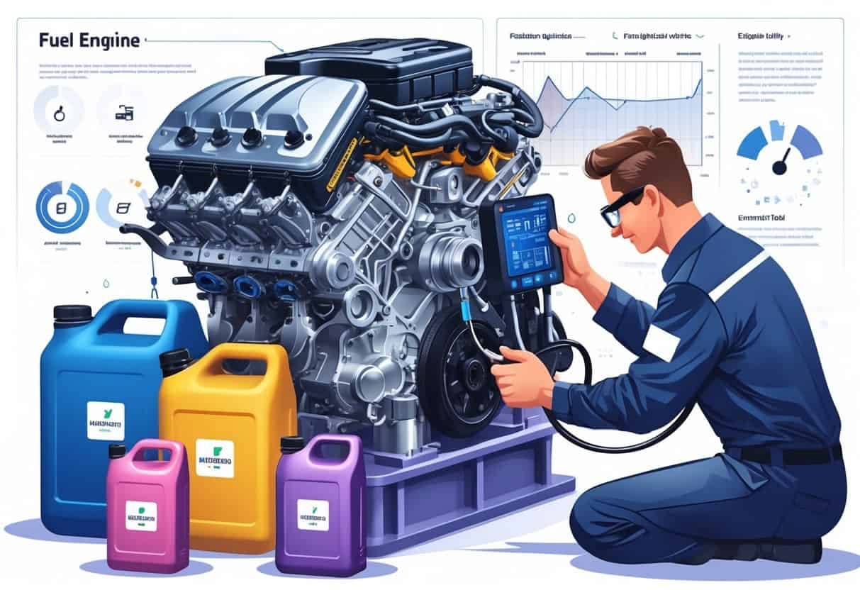 A technician adjusts a digital tuning device connected to a modern engine surrounded by different fuel containers, illustrating engine tuning for various fuel qualities.