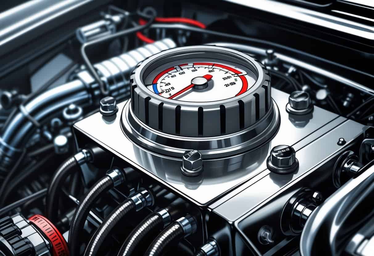 Close-up view of a car engine's radiator cap with a pressure gauge, surrounded by detailed engine components in a workshop setting.