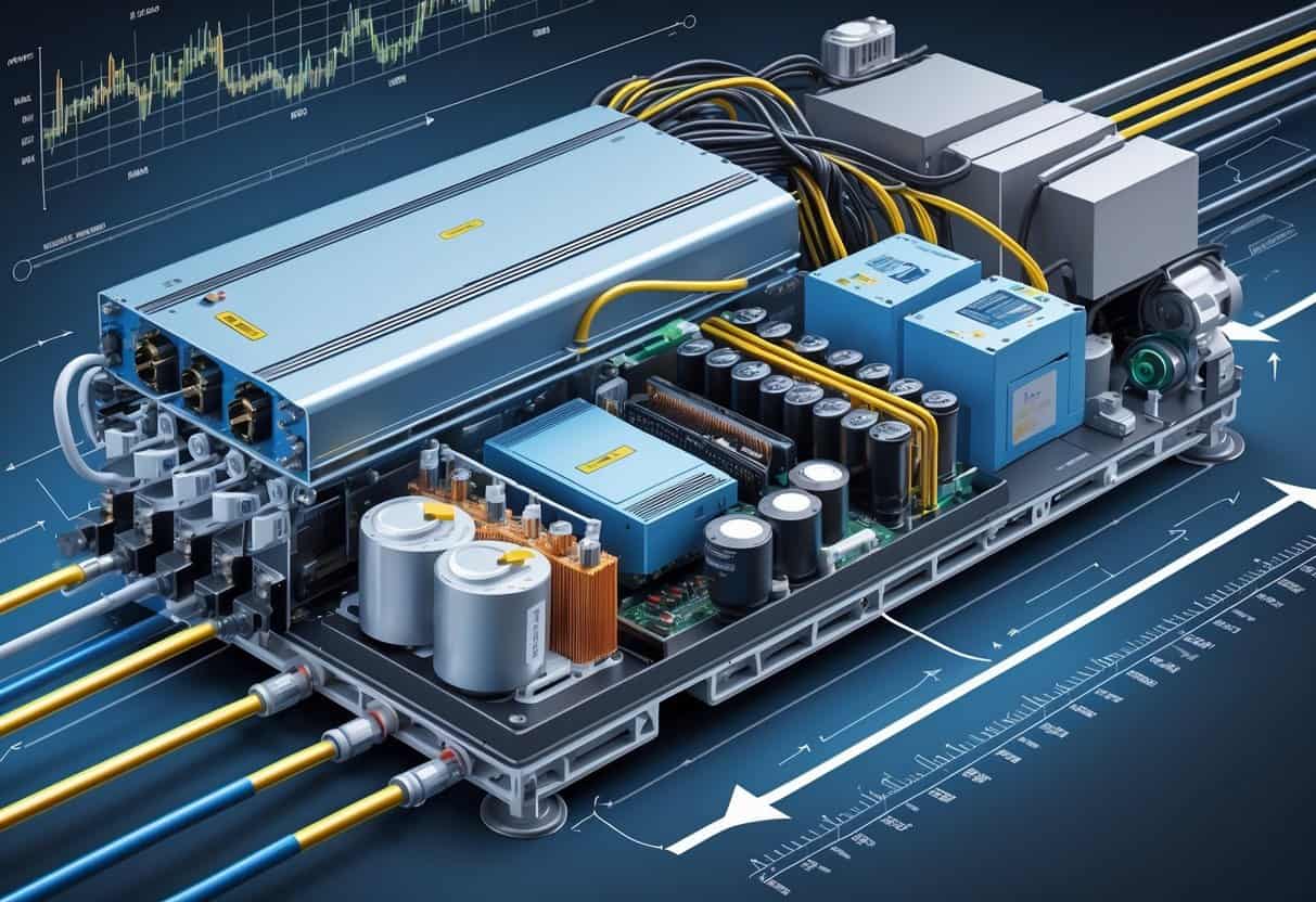 Cutaway view of an electric vehicle powertrain showing the inverter and controller connected to the battery and motor, with arrows indicating electrical energy flow.