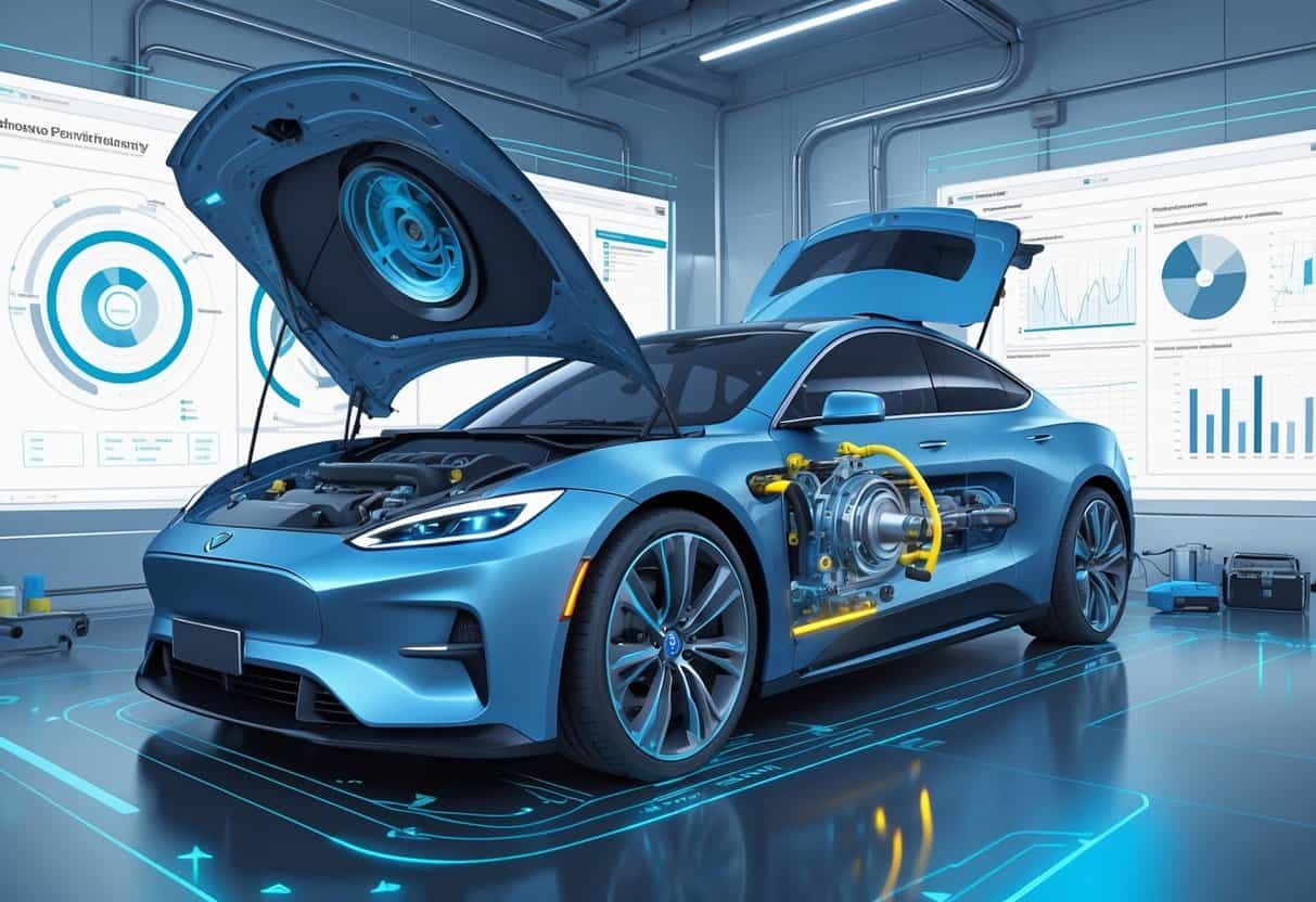 A hybrid car with its hood open showing a turbocharger integrated with electric components, surrounded by technical diagrams and a workshop setting.