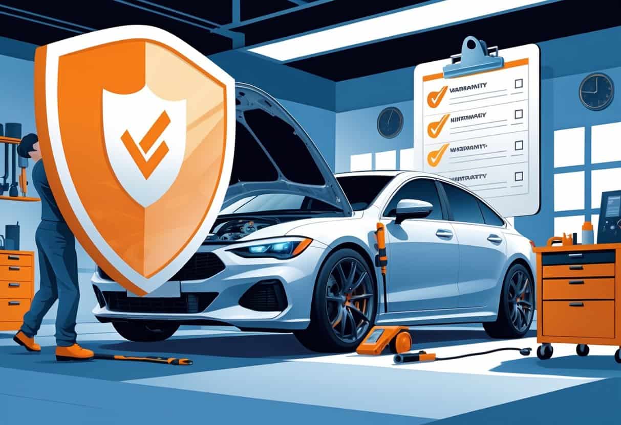 A mechanic working on a car engine in a garage with a protective shield symbolizing a warranty hovering over the car and a checklist showing which tuning actions affect the warranty.