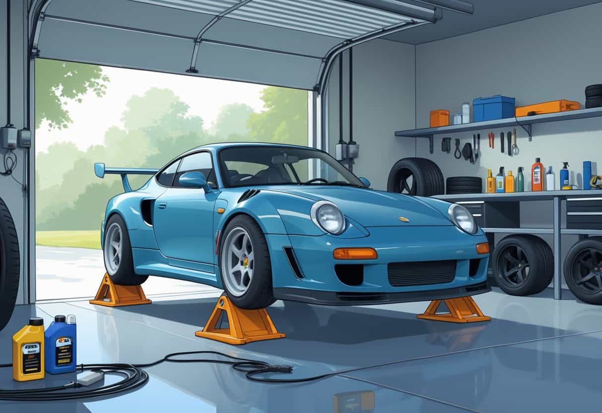 A modified sports car stored in a clean garage, elevated on jack stands with protective covers on the tires, surrounded by car care supplies and a battery maintainer connected.