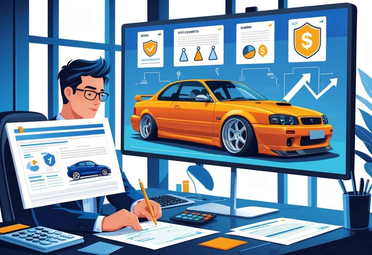An insurance adjuster at a desk reviewing a modified car claim on a computer, with images of a customized car and evaluation charts in the background.
