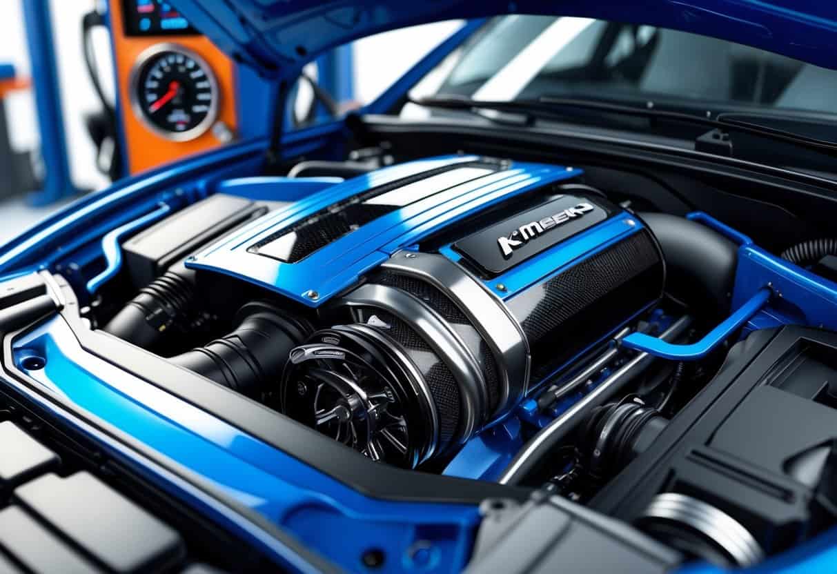 A car engine with a cold air intake system highlighted, showing airflow and performance elements in a workshop setting.