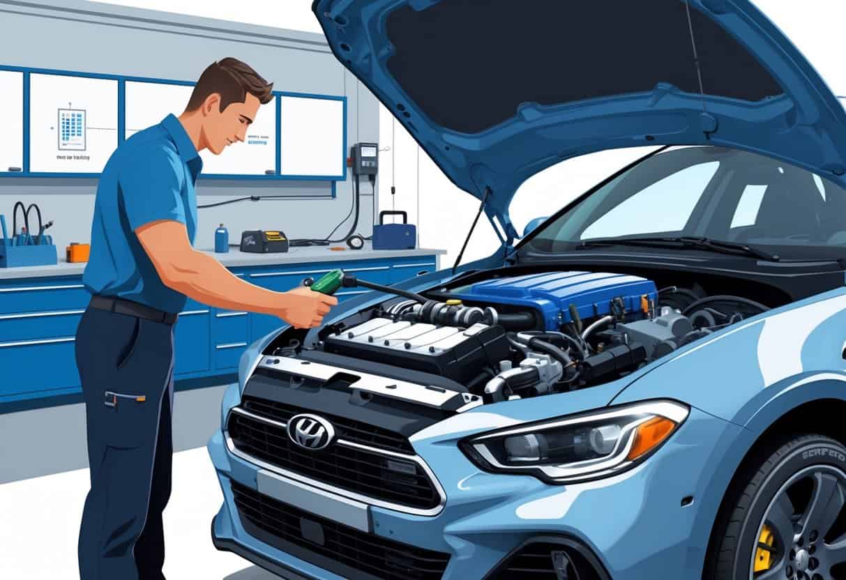 A car with its hood open in a workshop, showing a mechanic adjusting engine components and using diagnostic tools to tune the fuel system for E85.