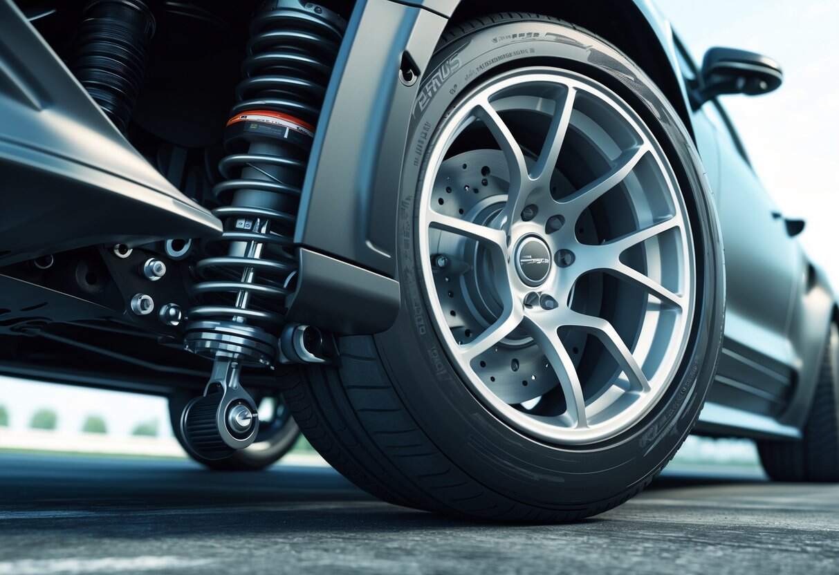 Close-up view of a car's wheel with coilover suspension, showing springs and shocks, with a background blending a city street and a racetrack.