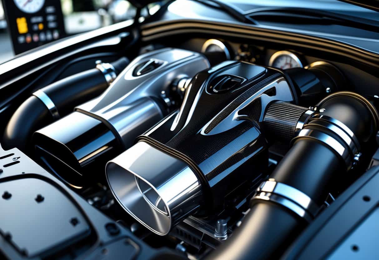 A detailed illustration of a car engine bay showing three different aftermarket intake systems installed side by side with a dynamometer testing setup in the background.