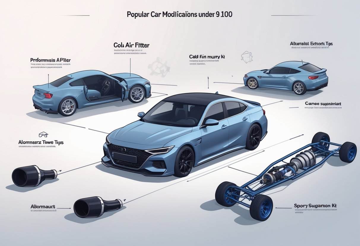 Illustration of a modern car surrounded by various affordable car modifications including wheels, air filter, exhaust tips, and suspension parts.