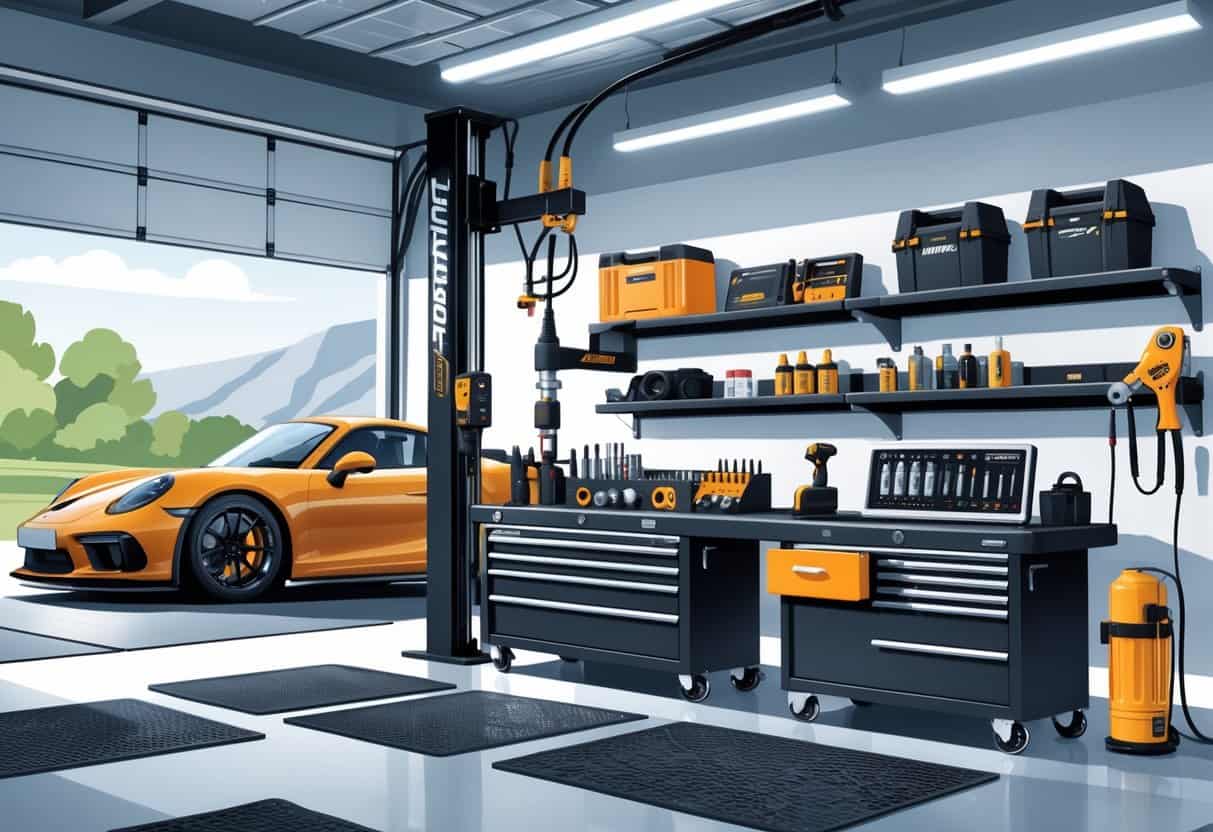 An organized garage workspace with a sports car on a lift and various car tuning tools neatly arranged on a workbench and shelves.