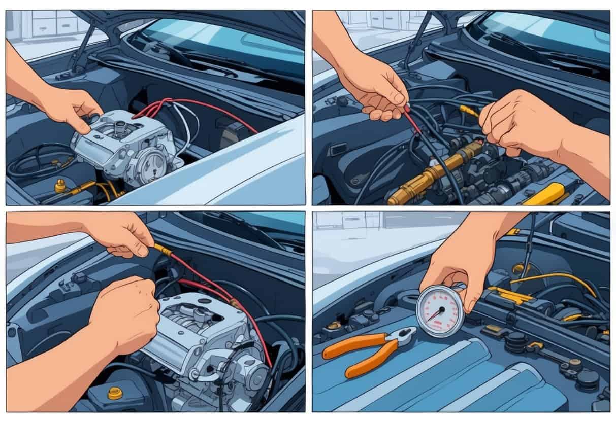 A mechanic installing a boost gauge in a car, showing hands removing the dashboard, routing wires, connecting a sensor to the engine, and mounting the gauge on the dashboard.