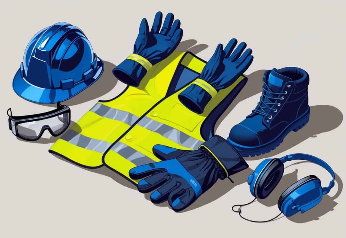 A collection of essential safety gear including a hard hat, safety goggles, work gloves, safety vest, steel-toe boots, and earmuffs arranged on a neutral background.