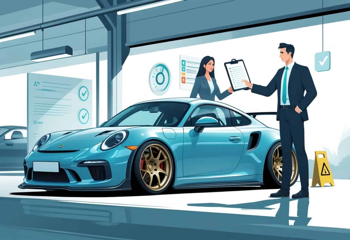 A person handing over a checklist next to a modified sports car in a dealership setting, symbolizing the process of declaring important information when selling a tuned vehicle.