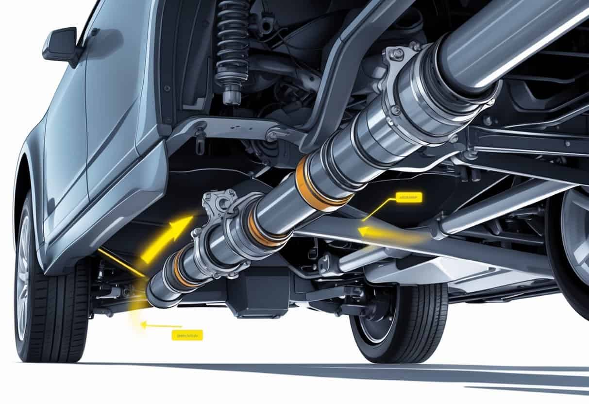 Close-up view of a car's underside focusing on the driveshaft and surrounding mechanical components.