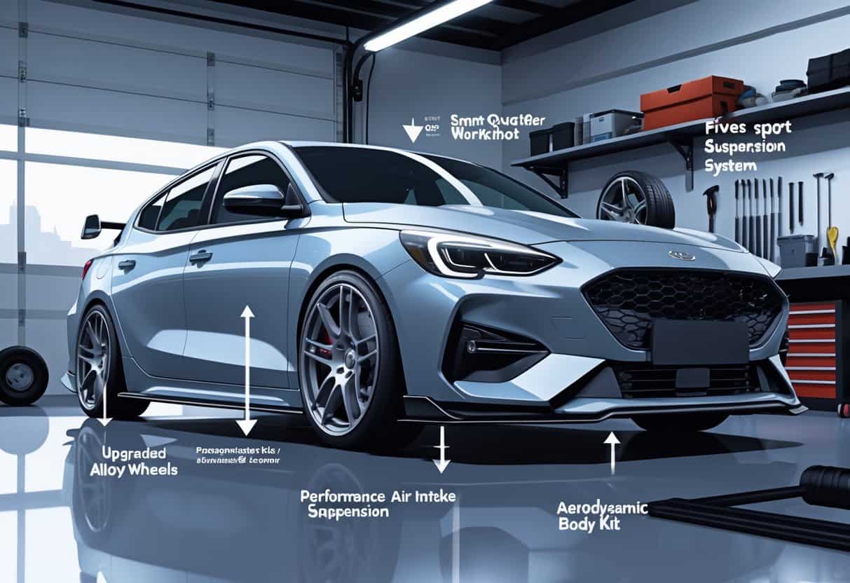 A modern car in a garage with five common car modifications highlighted around it, including wheels, air intake, suspension, exhaust, and body kit parts.