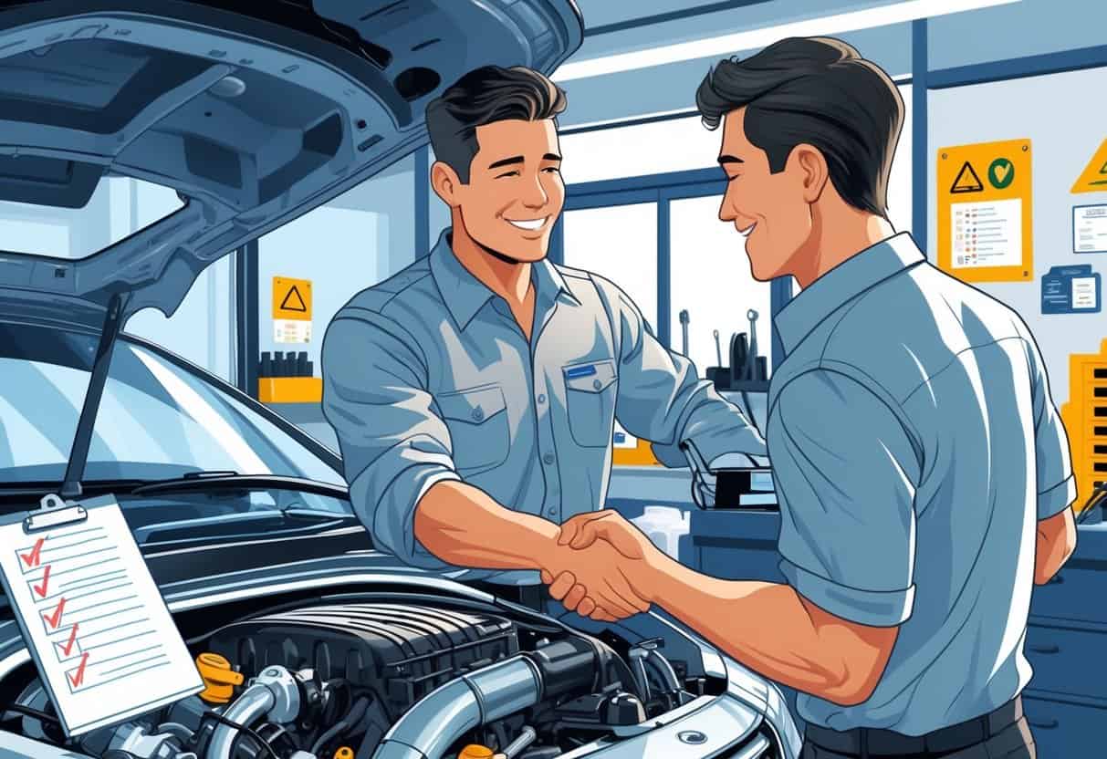 A mechanic inspects a car engine while a satisfied customer watches and shakes hands with the mechanic in a clean and organized workshop.