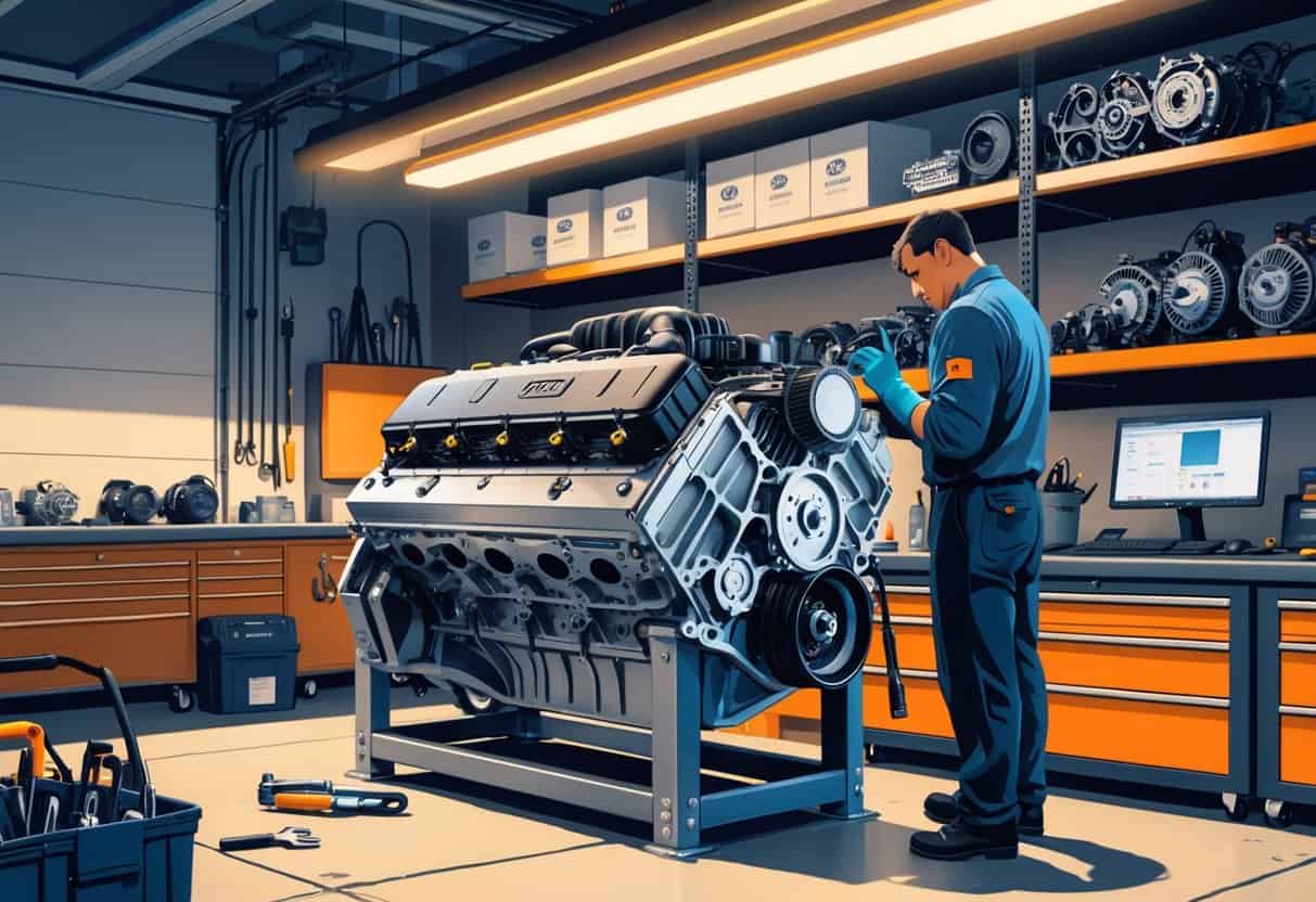 A mechanic inspects a crate engine on a workbench in a clean garage filled with tools and engine parts.