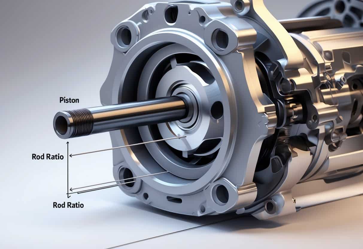 An internal combustion engine's piston and connecting rod assembly inside a cylinder, showing the connection to the crankshaft with visual indicators illustrating the rod ratio concept.