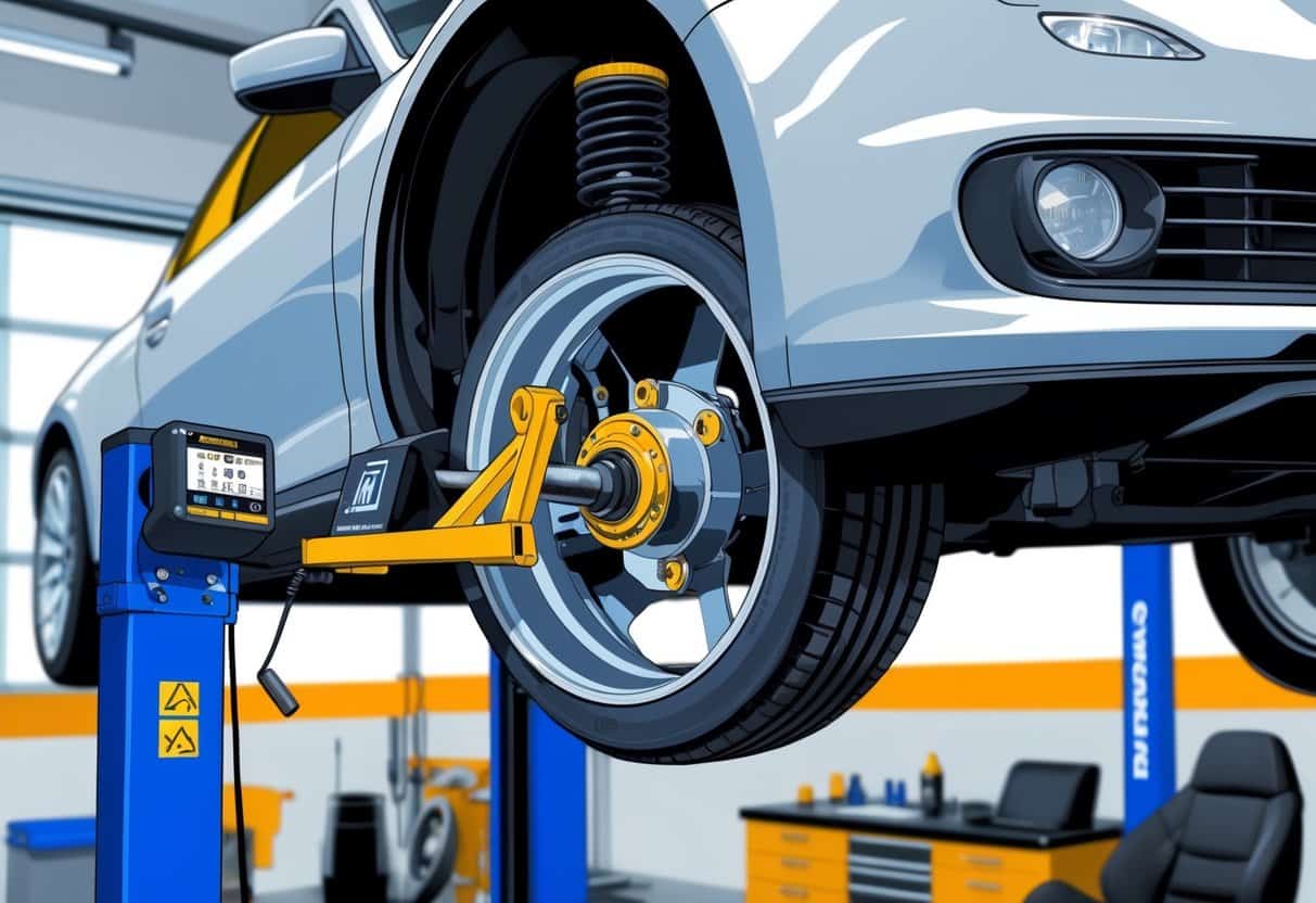 A mechanic adjusting a coilover suspension on a car lifted in a garage using a corner balancer tool.