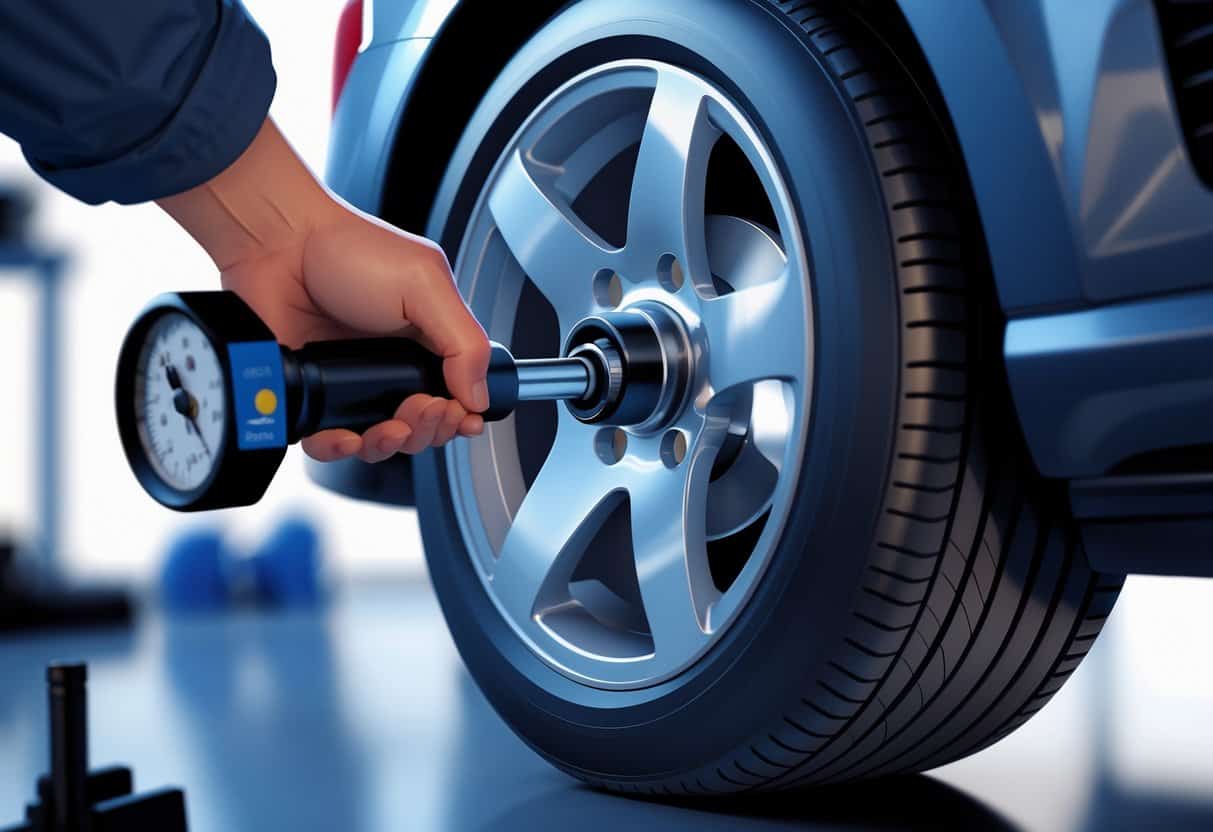Close-up of a hand using a torque wrench to tighten lug nuts on an aftermarket car wheel.