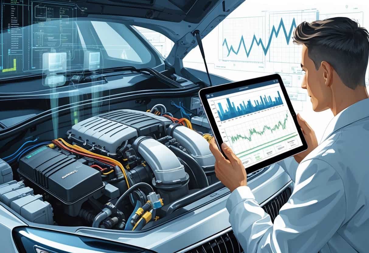 A technician uses a touchscreen device to tune a car engine connected to a network of electronic components with digital data streams and graphs displayed around the engine.