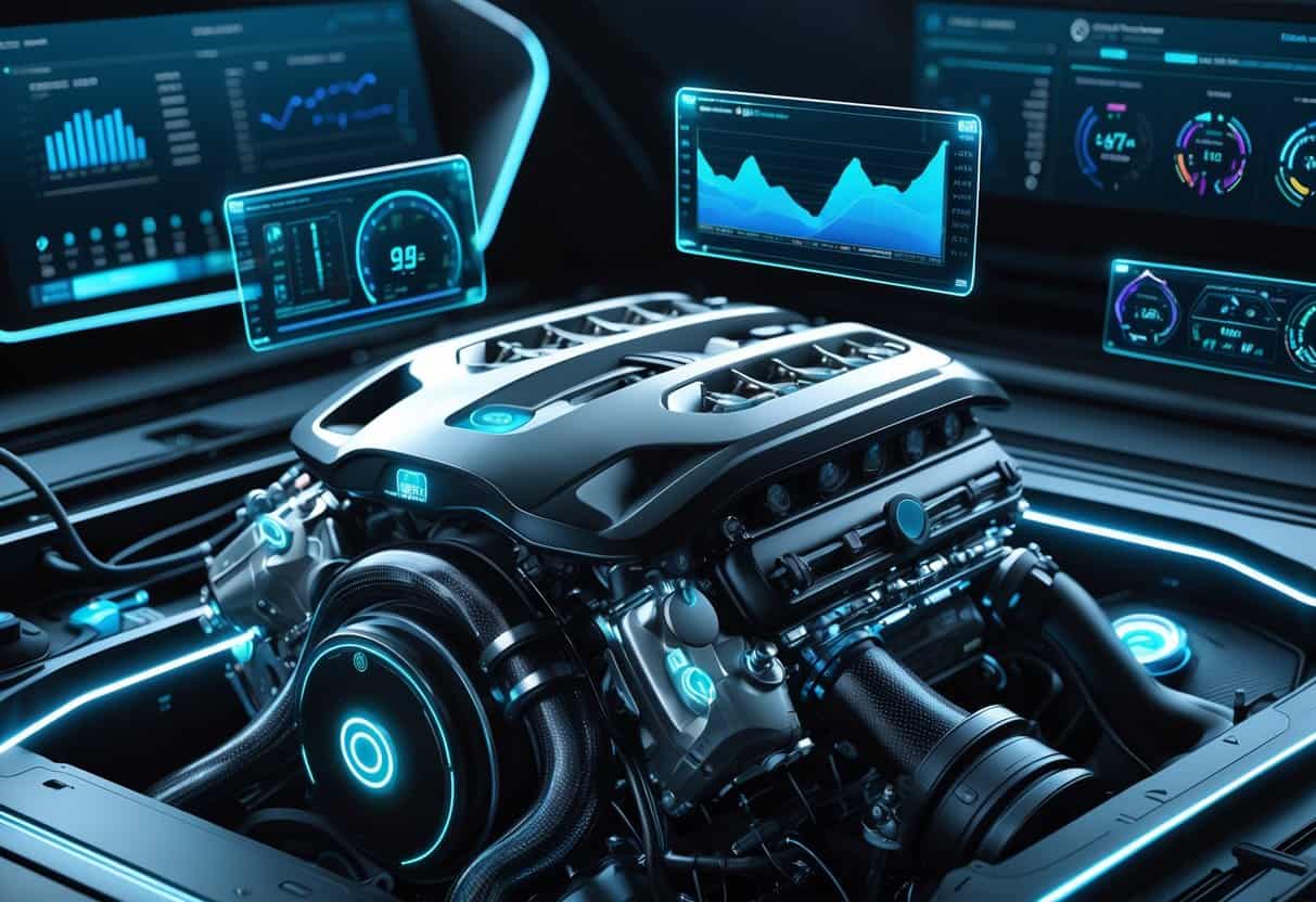 A modern vehicle engine with sensors and floating holographic screens showing engine performance data, alongside a high-tech control panel with connected hardware devices.