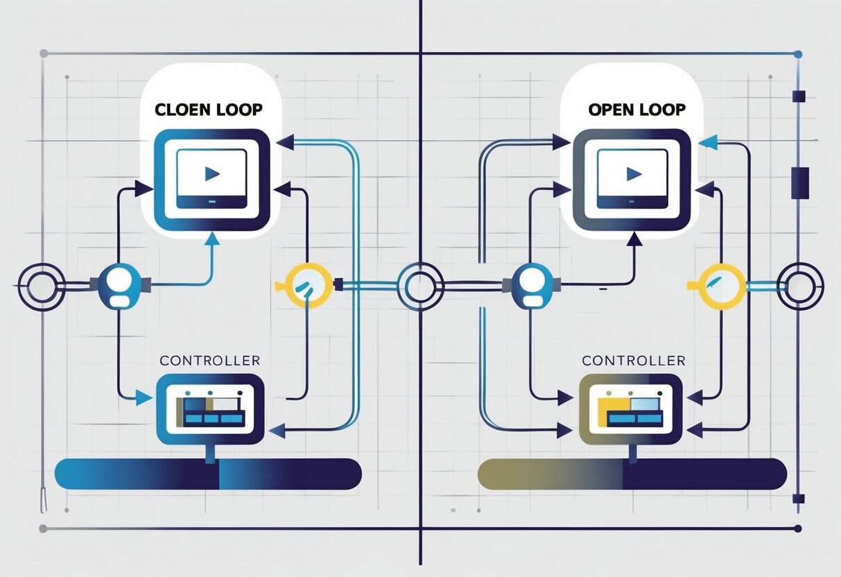 A side-by-side illustration showing two flowcharts: one with a single directional arrow representing an open loop system, and the other with arrows forming a continuous loop representing a closed loop system.