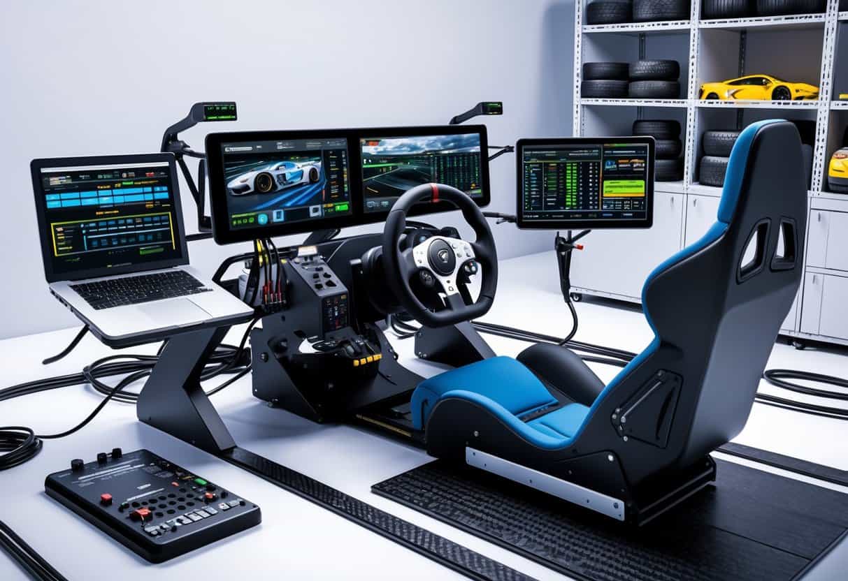 A racing simulator setup with a seat, steering wheel, pedals, multiple screens displaying tuning data, and a laptop in a workshop environment.