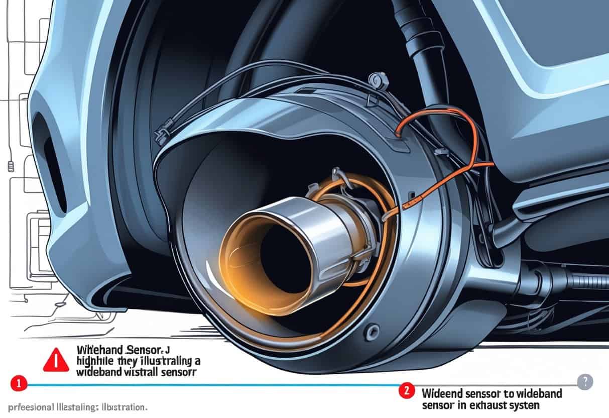 Close-up illustration of a wideband sensor incorrectly installed in a car exhaust pipe, showing common installation mistakes.