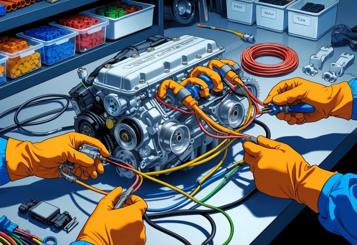 A person assembling a wiring harness connected to an engine with wires, connectors, and tools on a workbench.