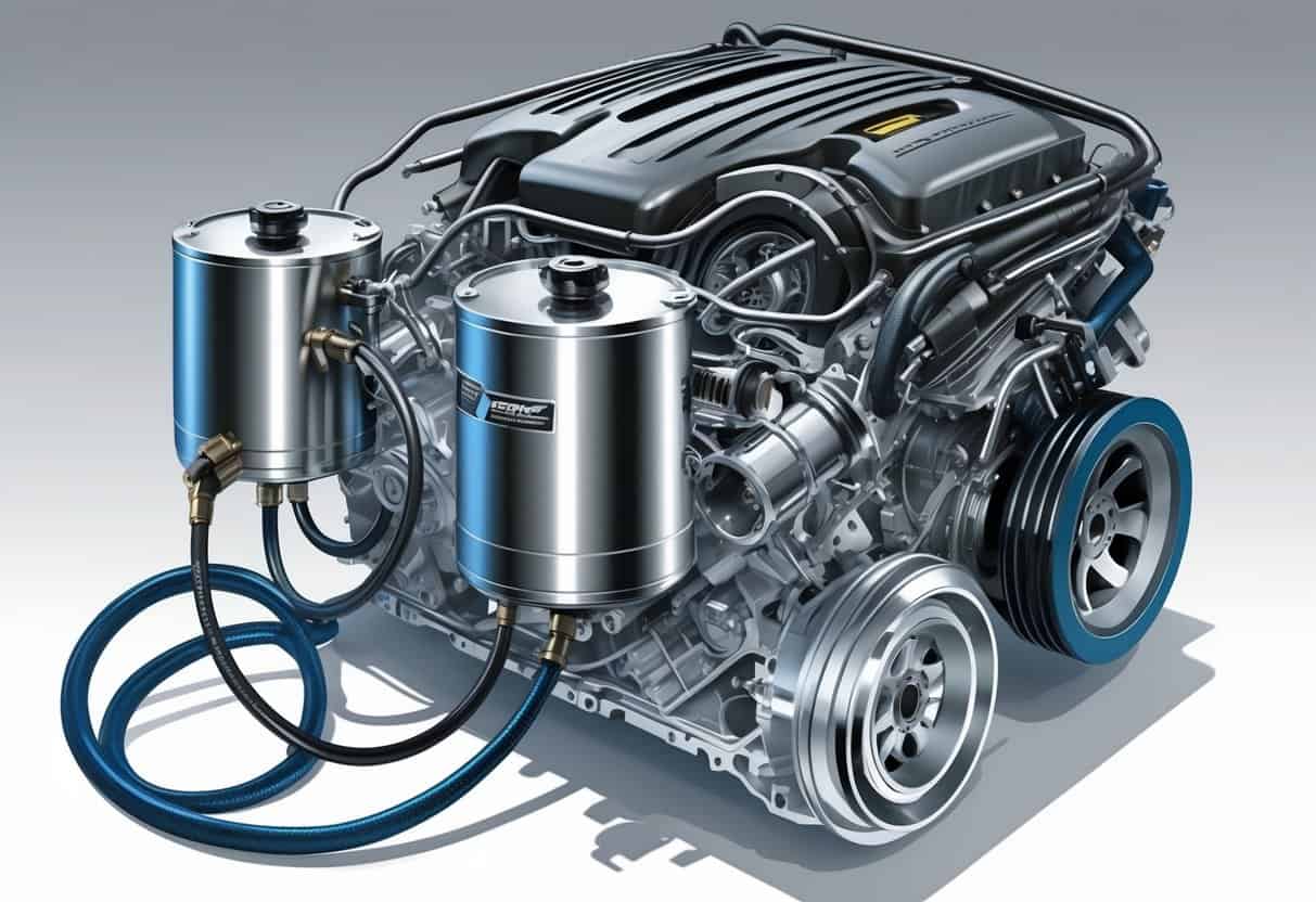 Cutaway view of a turbocharged engine highlighting an oil catch can connected to the crankcase ventilation system.
