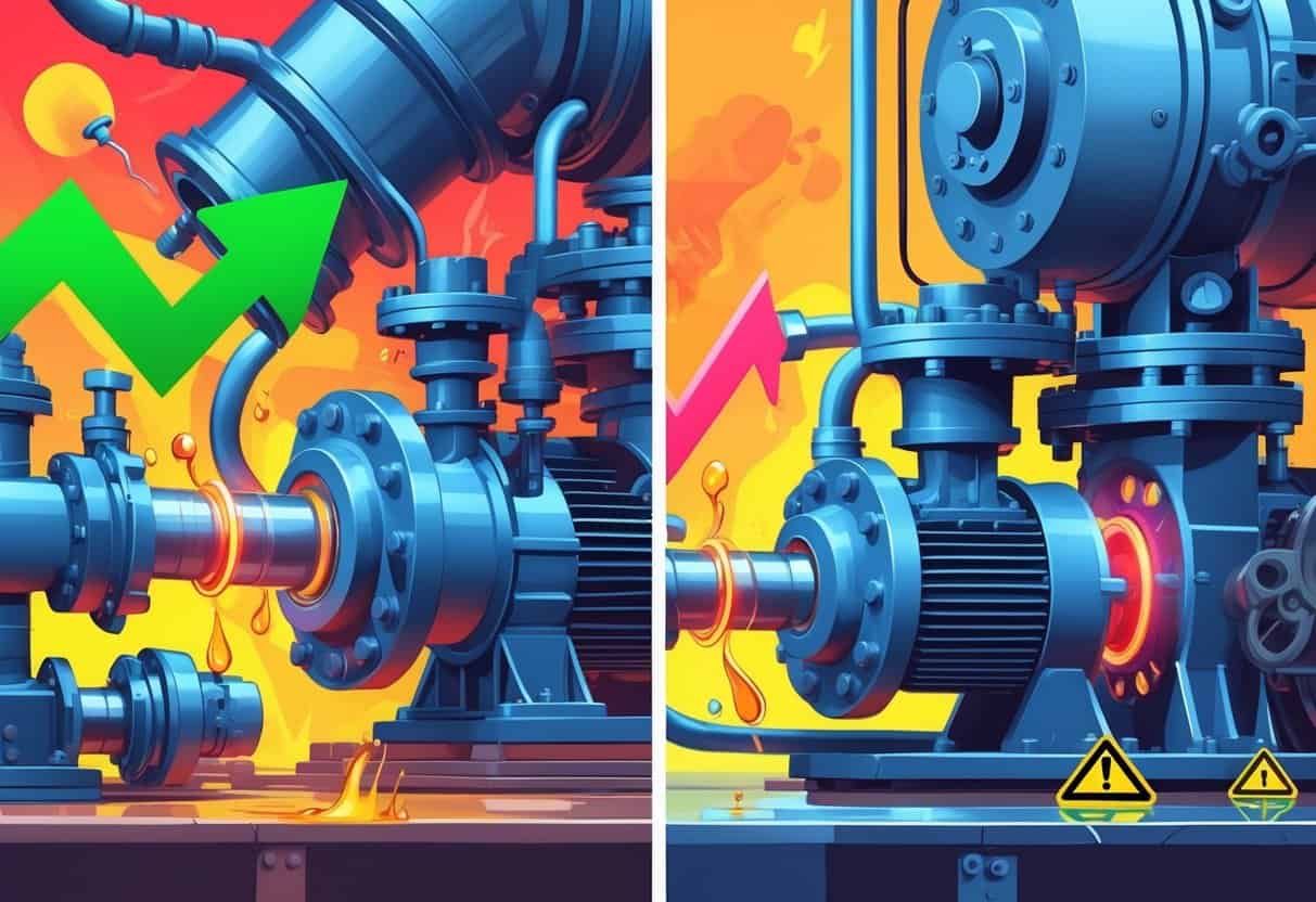 An illustration showing a high-volume oil pump, with one side depicting efficient operation and strong oil flow, and the other side showing signs of strain like overheating and oil leaks.