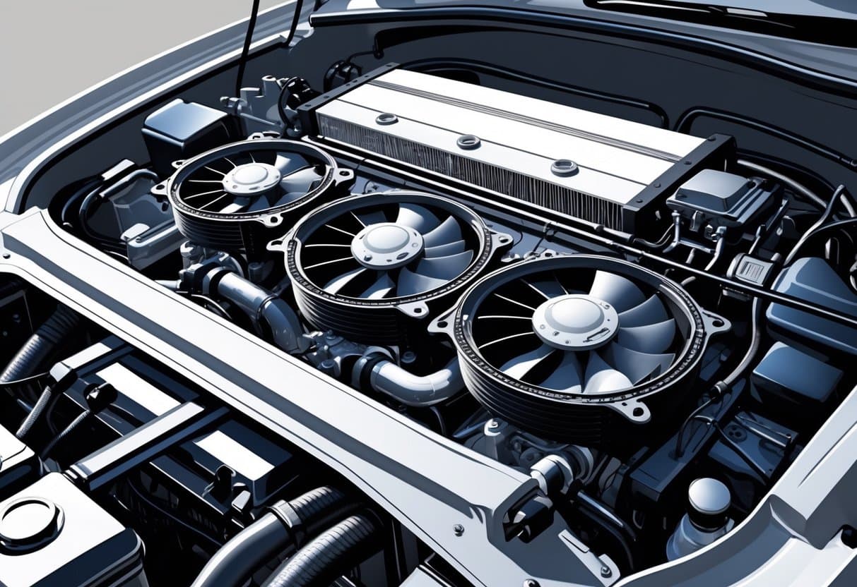 A detailed illustration of a car engine bay showing different radiator fan setups including electric, mechanical, and dual fans.