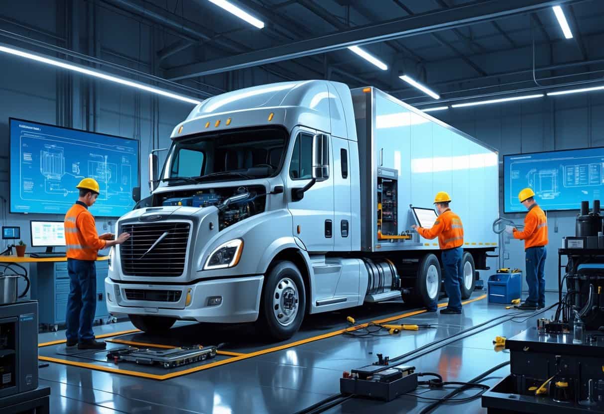 A sleeper truck in a workshop with engineers working on its hybrid powertrain, showing exposed battery and engine components.