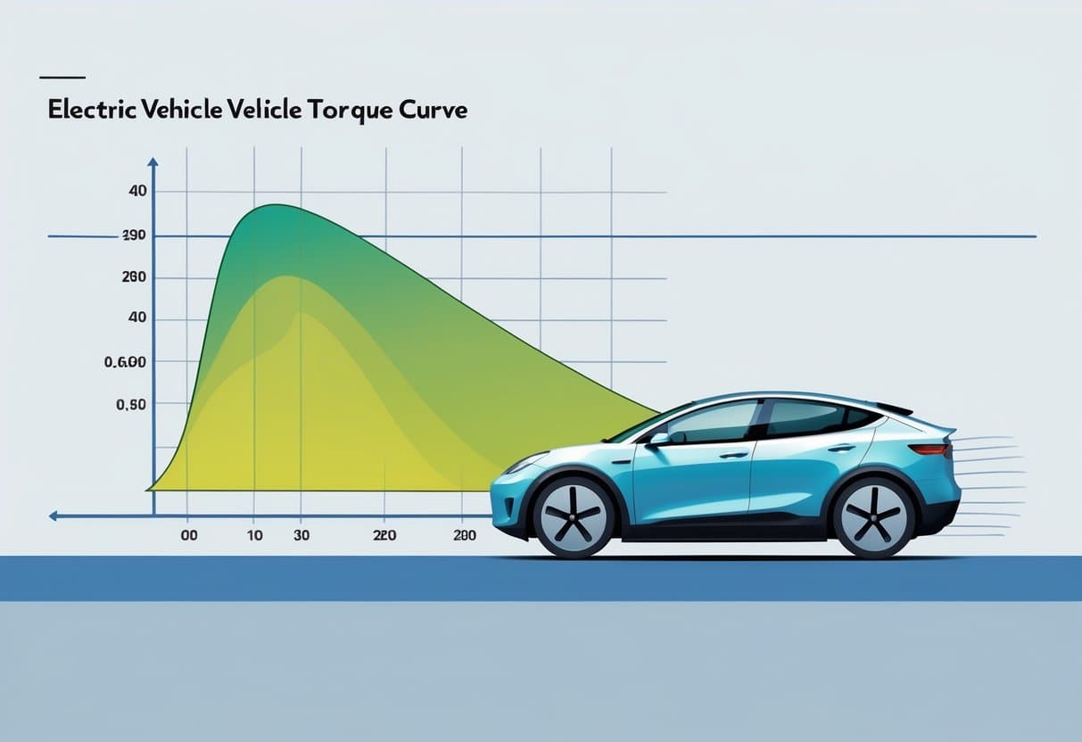A graph showing an electric vehicle torque curve with torque decreasing as speed increases, alongside a modern electric car in motion.