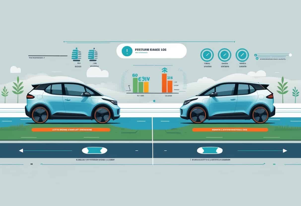 An electric car shown with standard tires and performance tires side by side, illustrating the difference in battery range between the two setups.