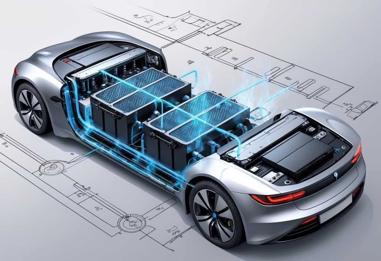 Cross-sectional view of an electric vehicle battery pack with visible cooling pipes and heat management components to show how the battery is kept cool for longer life.