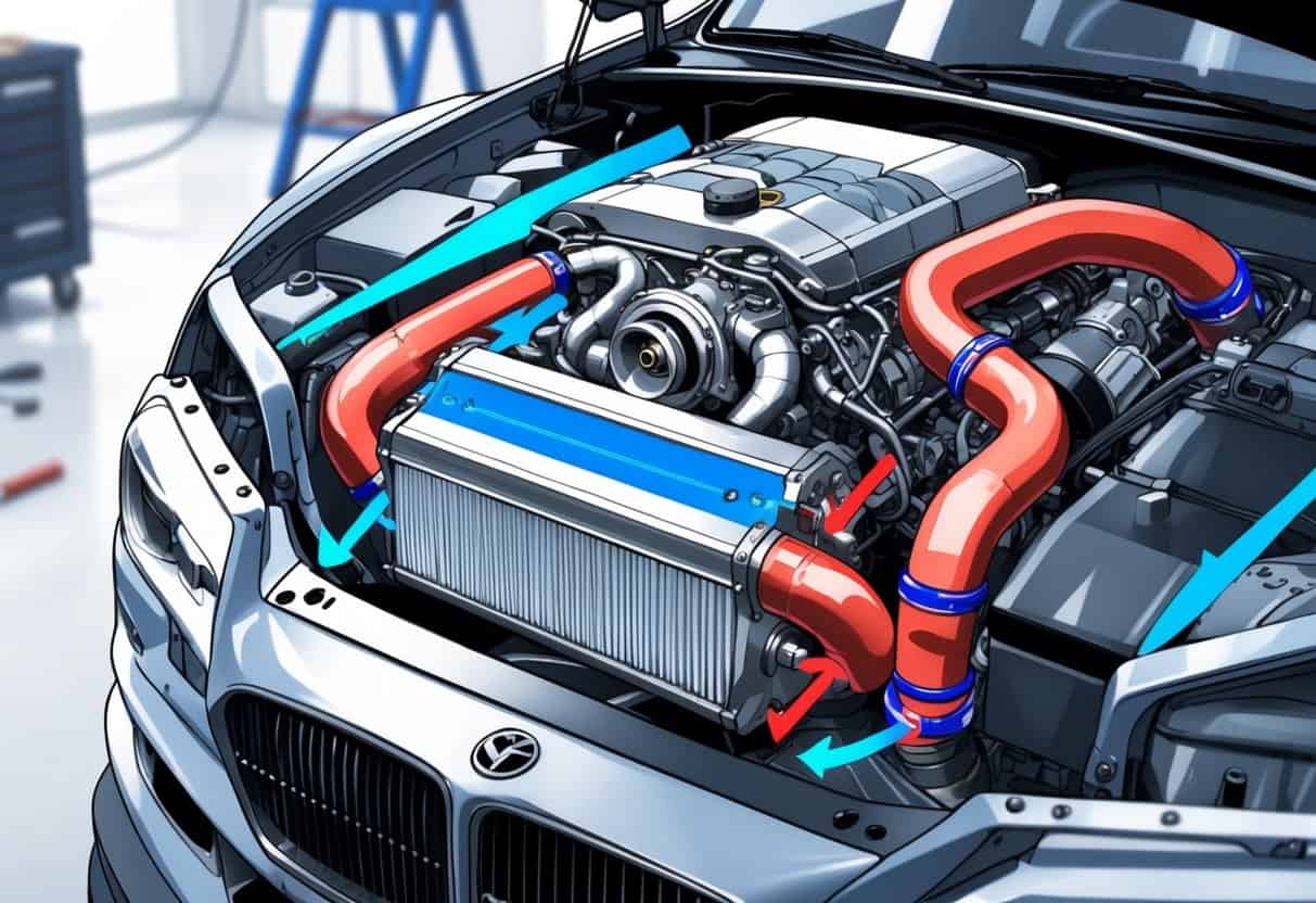 A detailed view of a modified car engine bay showing components like a turbocharger, intercooler, radiator, and heat shields with arrows indicating airflow to prevent heat soak.