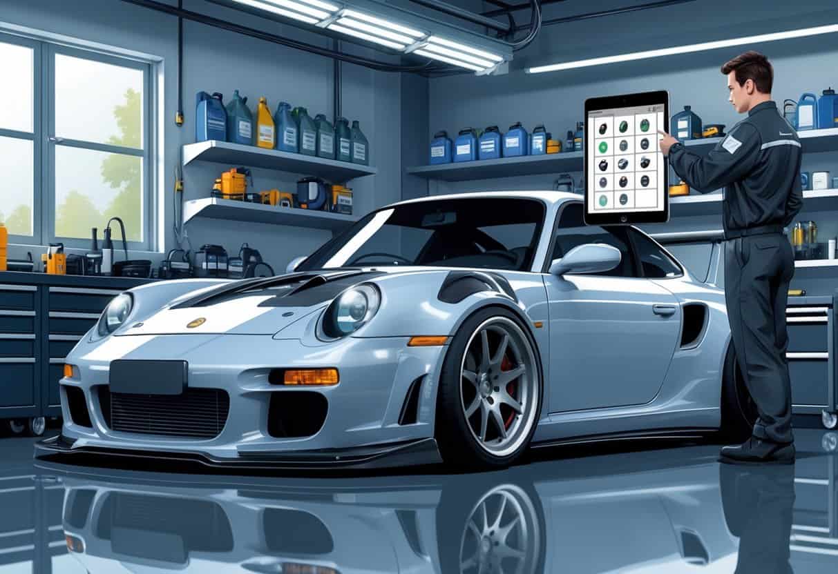 A mechanic in a garage pointing at a tablet with a maintenance checklist next to a heavily modified sports car surrounded by tools and parts.